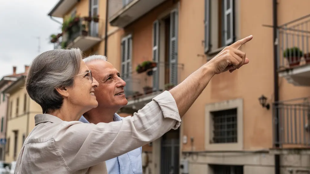 Coppia italiana osserva facciata edificio residenziale prima di scegliere agenzia immobiliare affidabile