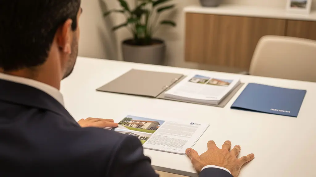 Cliente in agenzia immobiliare italiana valuta documenti per verificare affidabilità agente