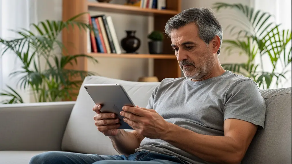 Proprietario italiano consulta tablet per confrontare agenti immobiliari su piattaforma digitale